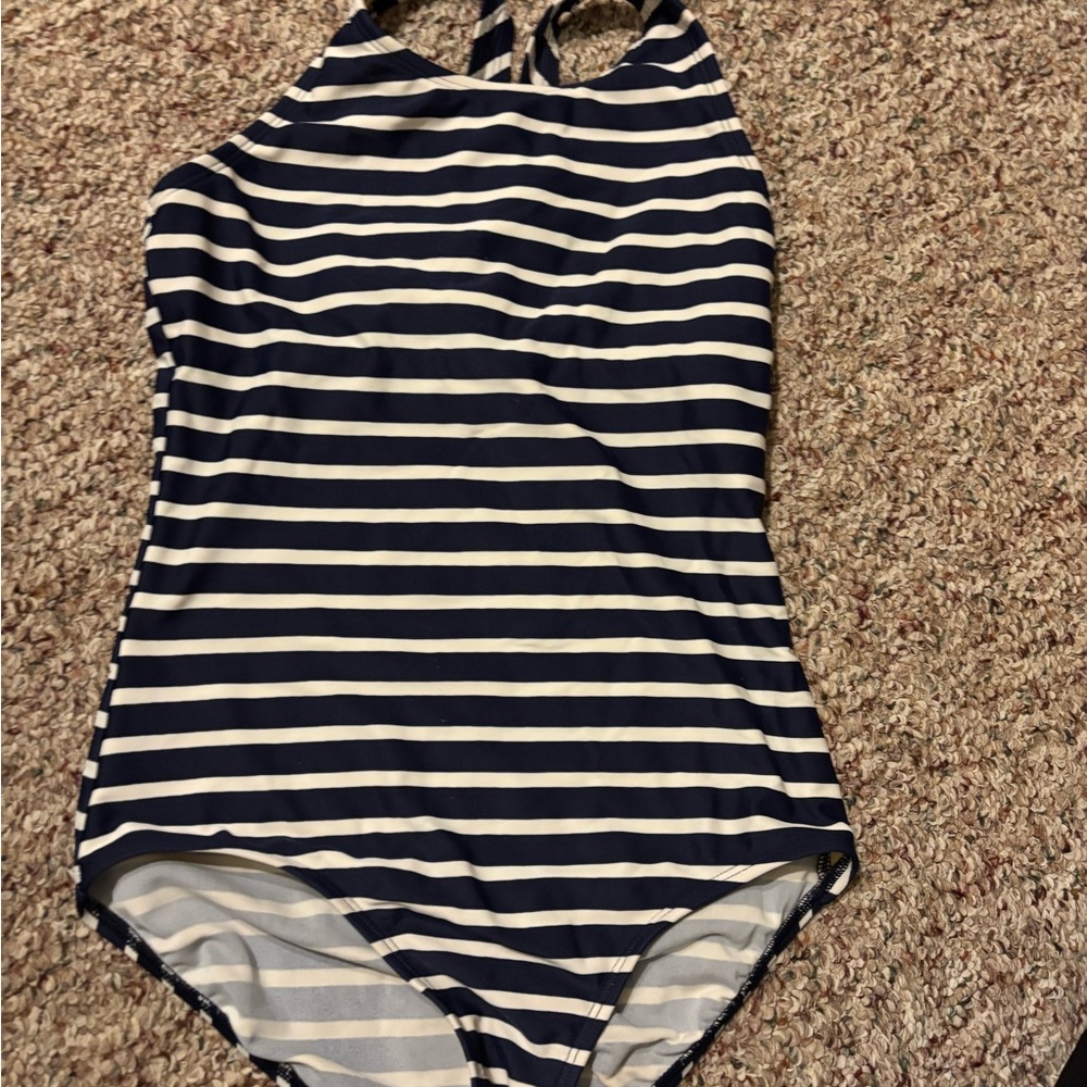 Lands End 12 slim Navy and White Striped Swimsuit